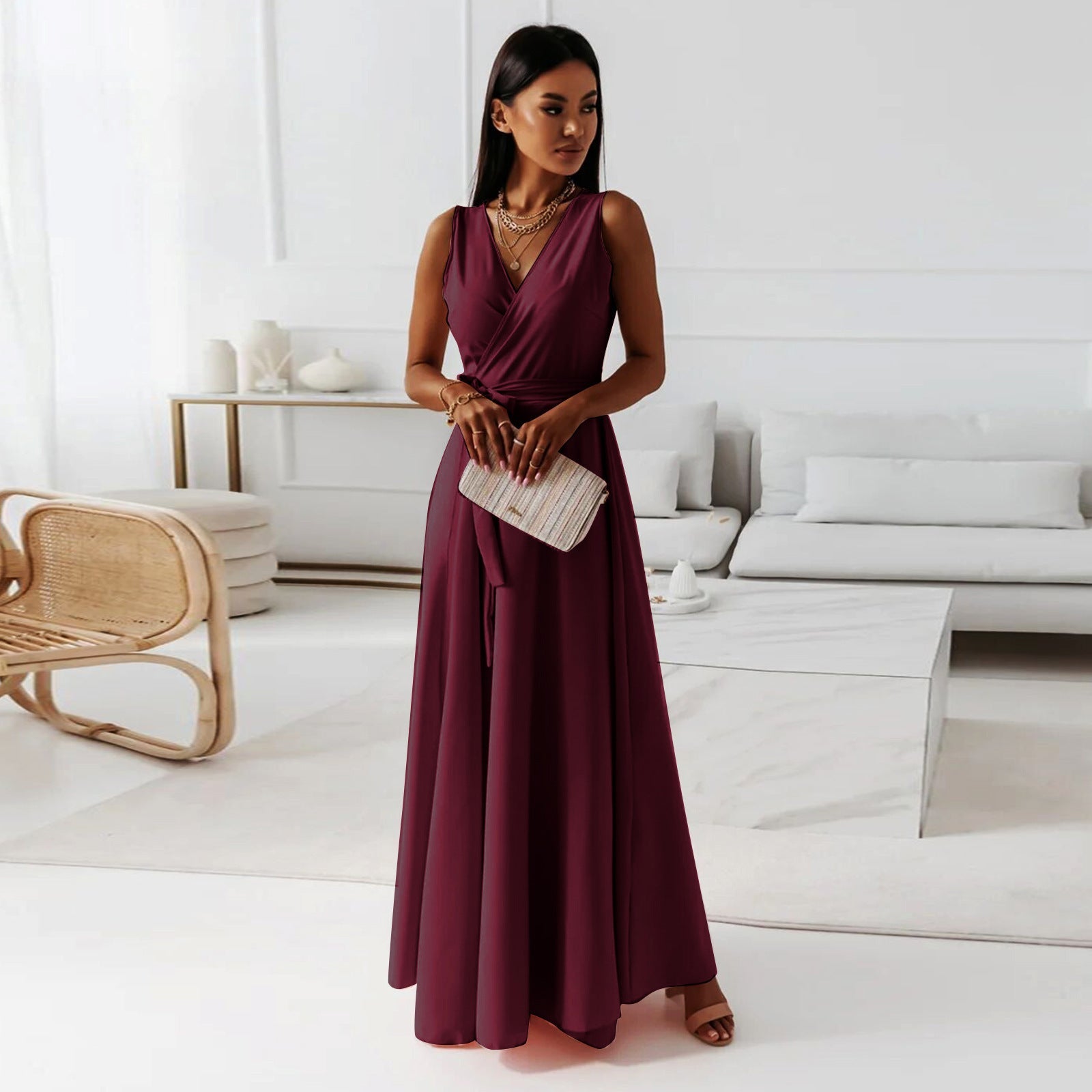 Elegant Women's Wedding Wrap Maxi Dress – Flattering Sleeveless Design for Formal Events