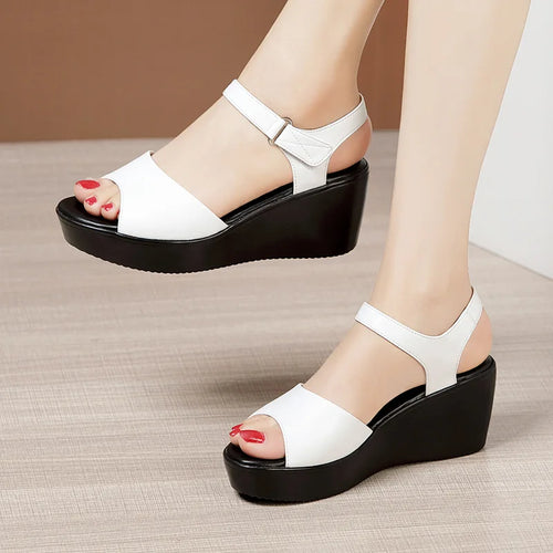 Elegant Women's Summer Wedge Sandals – Open Toe, High Heel, Leather