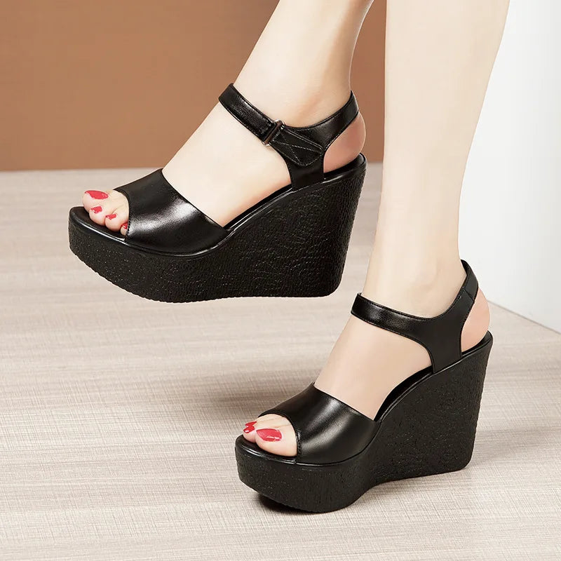 Elegant Women's Summer Wedge Sandals – Open Toe, High Heel, Leather 7