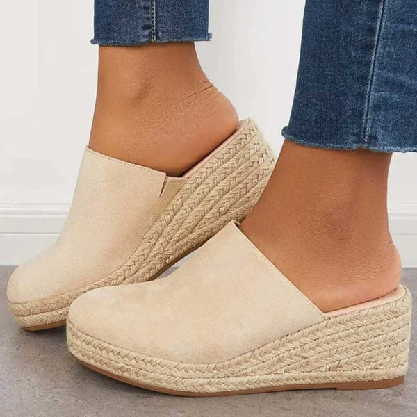 Beige suede closed-toe espadrille wedge mules with braided jute sole