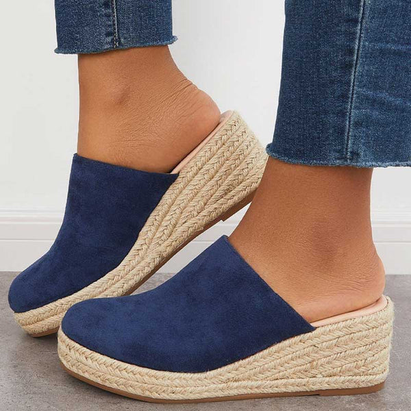 Navy blue suede closed-toe espadrille wedge mules with jute rope platform