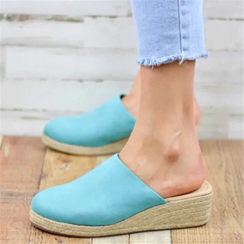 Turquoise suede closed-toe espadrille wedge mules with braided jute sole