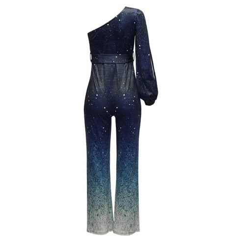 Back view of ombre glitter one shoulder jumpsuit showing gathered cuff and wide leg silhouette