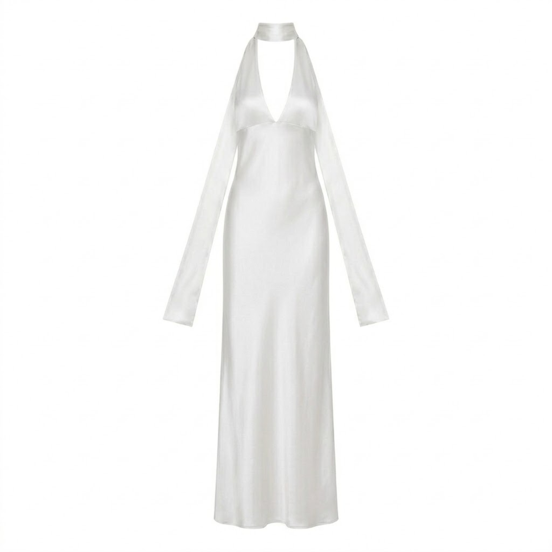 White satin halter neck maxi dress with plunging V-neckline detail