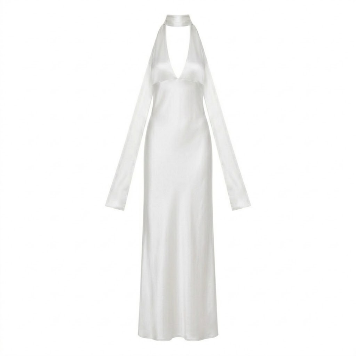 White satin halter neck maxi dress with plunging V-neckline detail