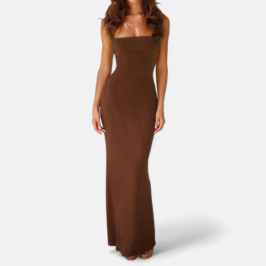 brown strapless body-hugging silhouette maxi dress