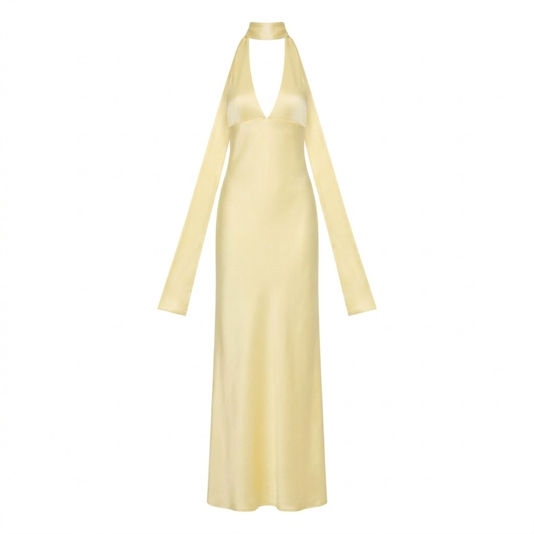 Pale yellow halter neck maxi gown with deep V-plunge neckline