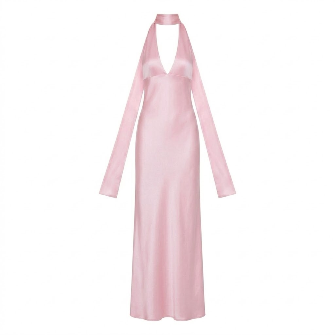 Pink halter neck maxi dress with plunging V-neckline and satin finish