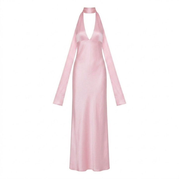 Pink halter neck maxi dress with plunging V-neckline and satin finish