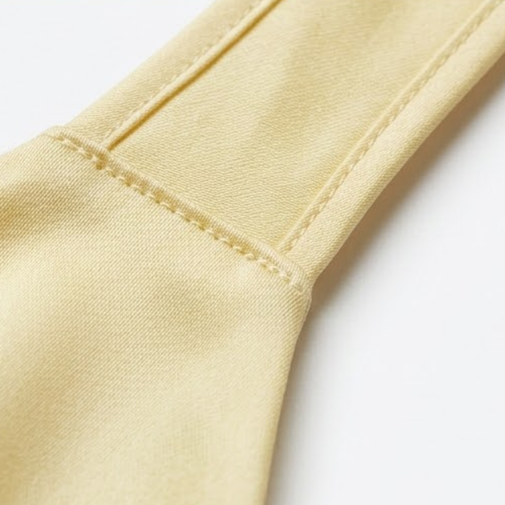 Close-up of pale yellow satin fabric texture and double-stitch seams on strap