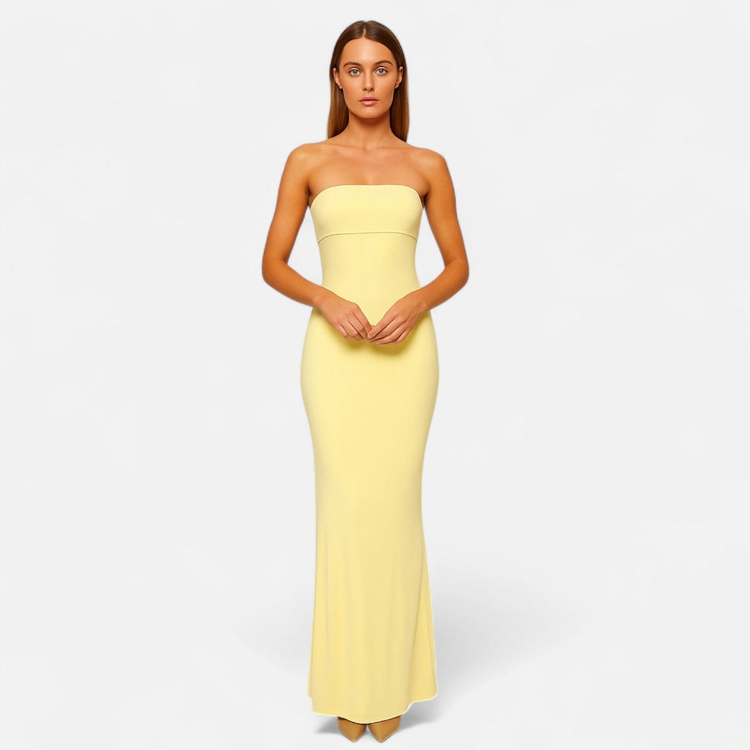 pale yellow strapless seam detail waist maxi dress front