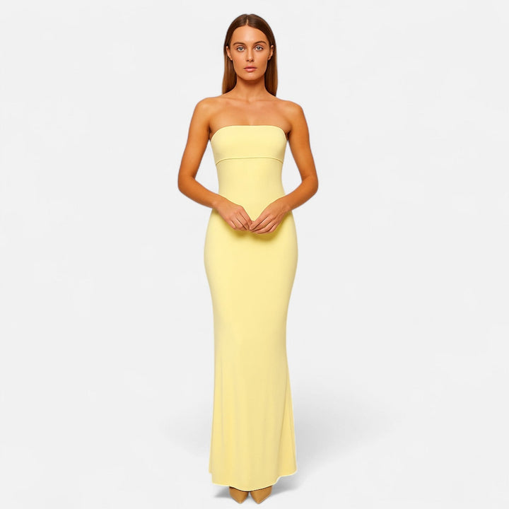 pale yellow strapless seam detail waist maxi dress front