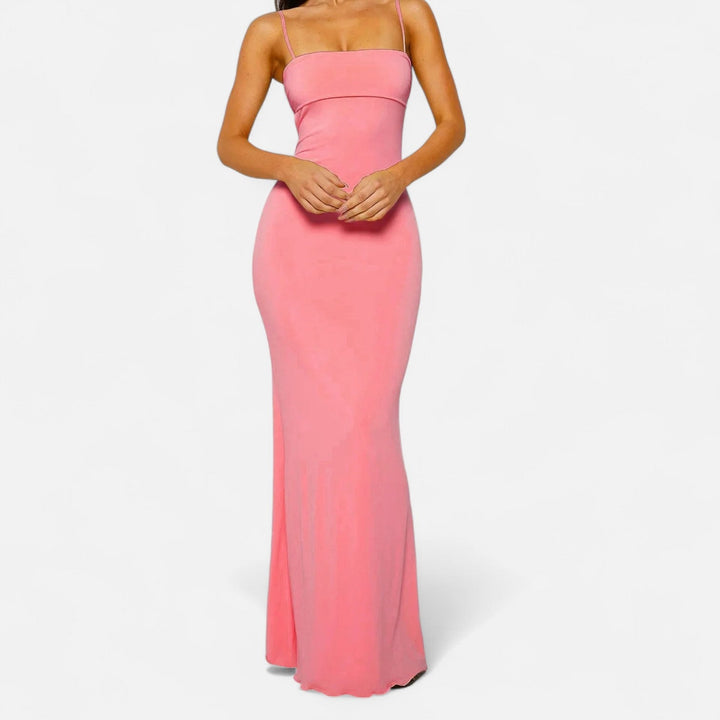 pink strapless spaghetti strap fitted bodice maxi dress