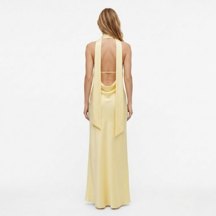Back view of woman wearing yellow halter neck maxi dress with exposed upper back