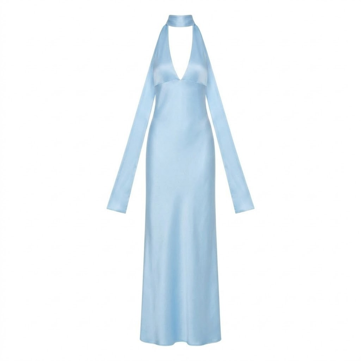 Light blue satin halter neck maxi dress with flowing straight silhouette