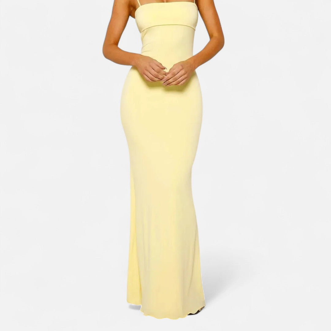 pale yellow spaghetti strap square neck maxi dress