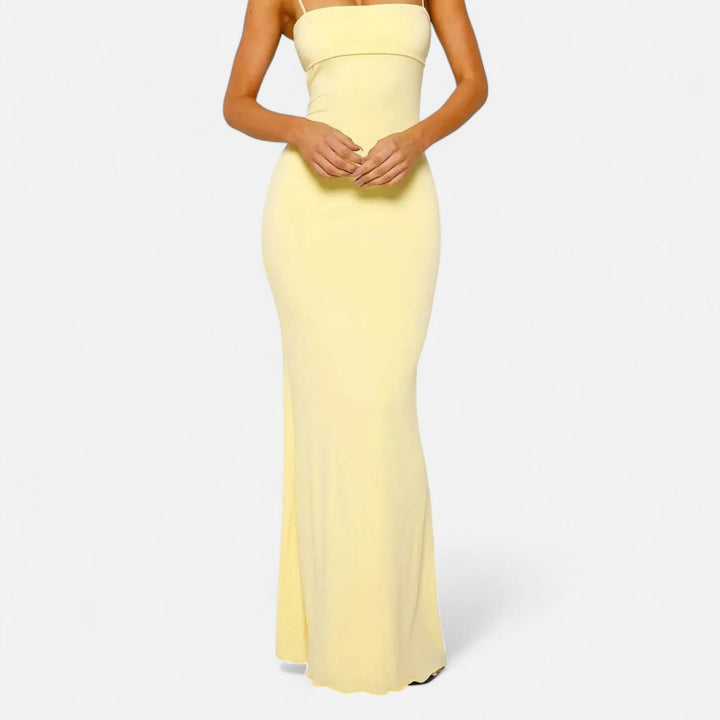 pale yellow spaghetti strap square neck maxi dress