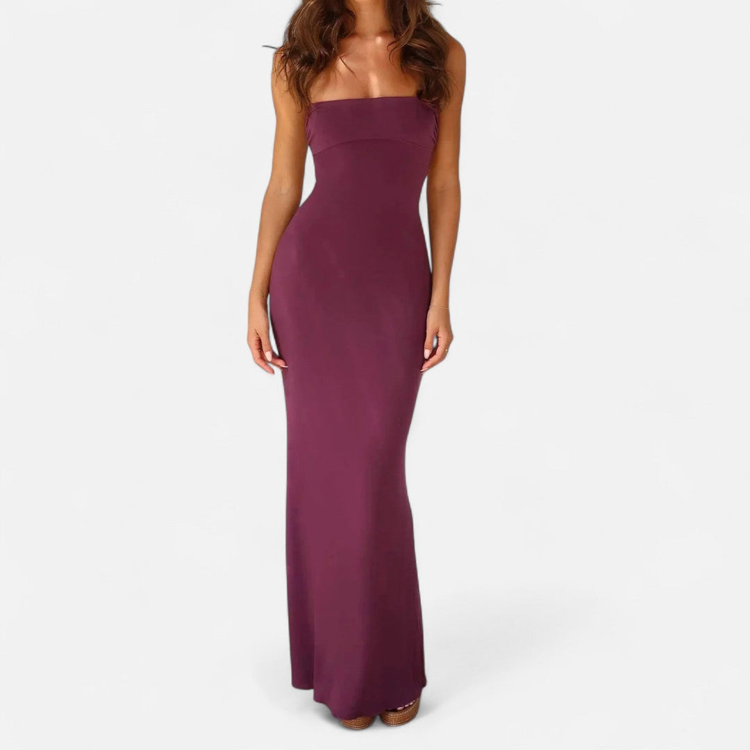 deep burgundy strapless fitted bodice floor-length gown