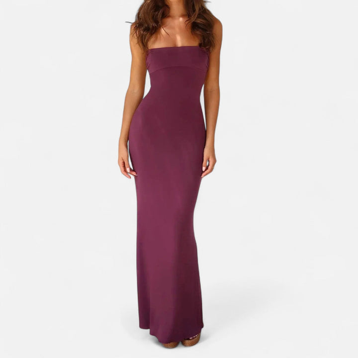 deep burgundy strapless fitted bodice floor-length gown