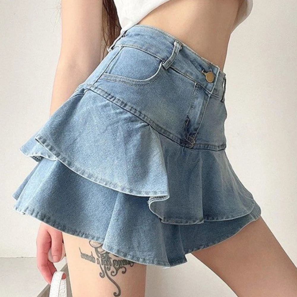 High Waist Denim Skirt – Vintage A-Line Ruffle Layered Look for Chic Style