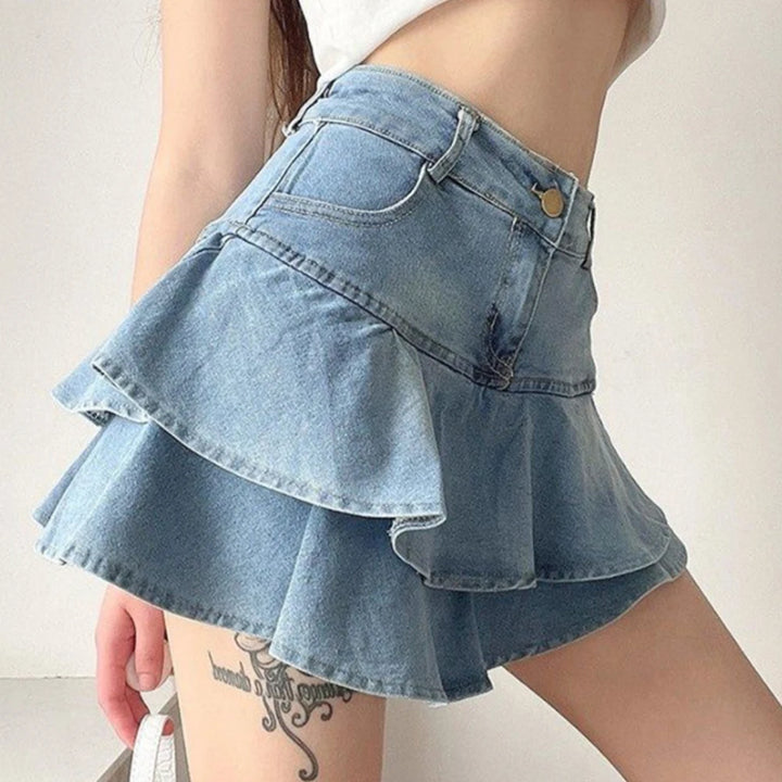 High Waist Denim Skirt – Vintage A-Line Ruffle Layered Look for Chic Style