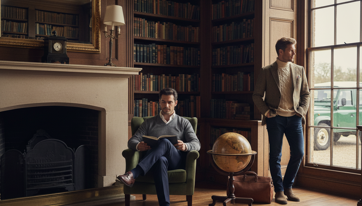 Two men in a room with a fireplace, bookshelves, and a window with a green car outside.