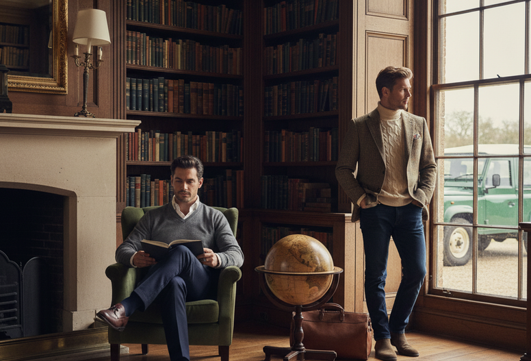 Two men in a room with a fireplace, bookshelves, and a window.
