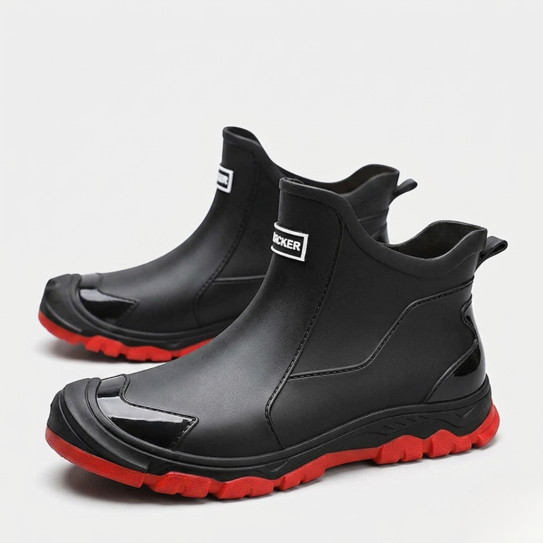Black glossy slip-on terrain boots with red outsole and Ricker heel label