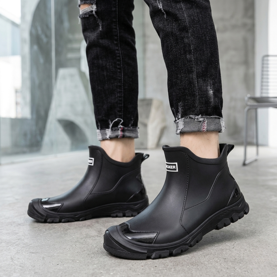 Black matte slip-on boots with textured outsole styled with frayed jeans