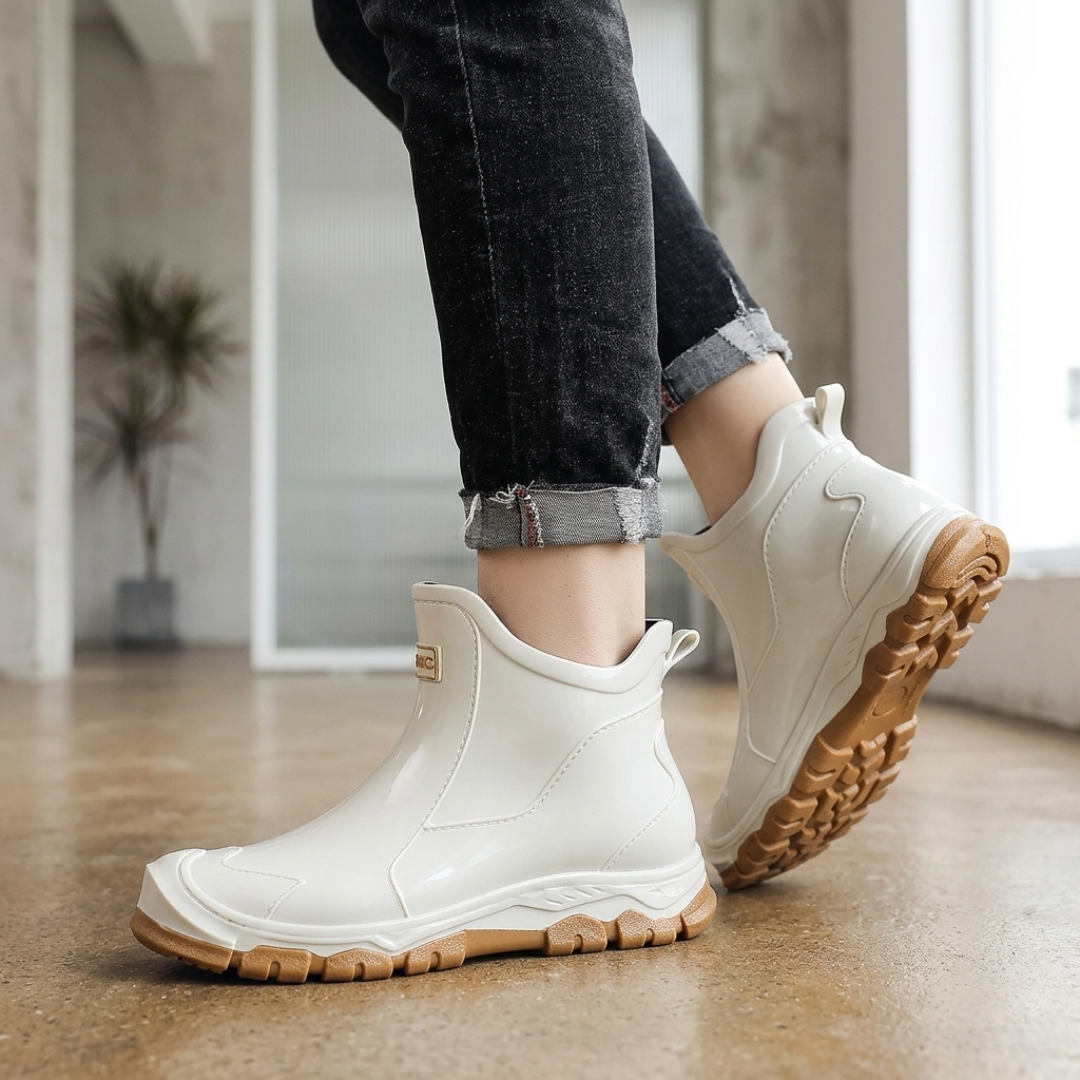 White glossy slip-on ankle boots with tan rugged outsole worn with jeans