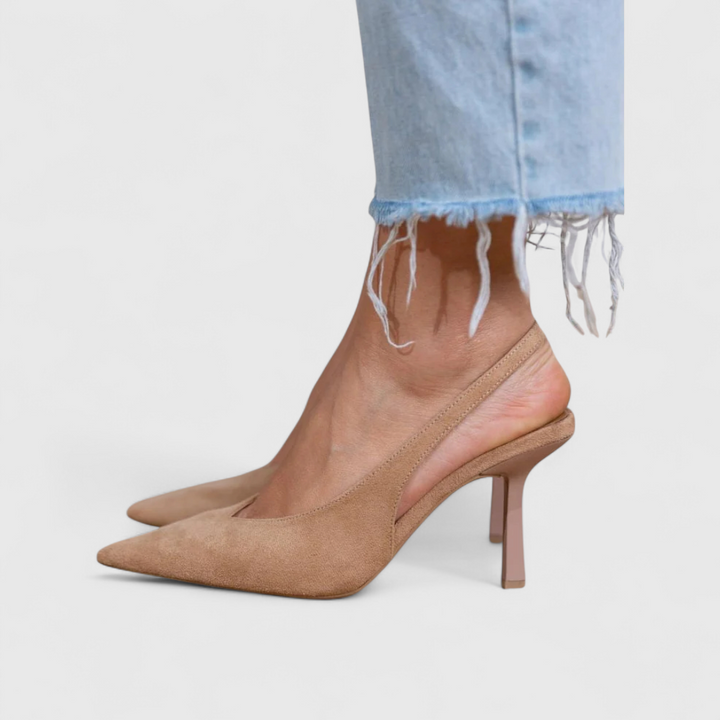 Tan matte suede pointed toe slingback heels with thin stiletto heel