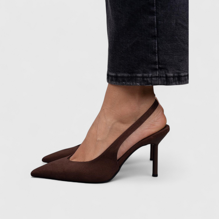 Brown textured suede pointed toe slingback heels with thin stiletto heel