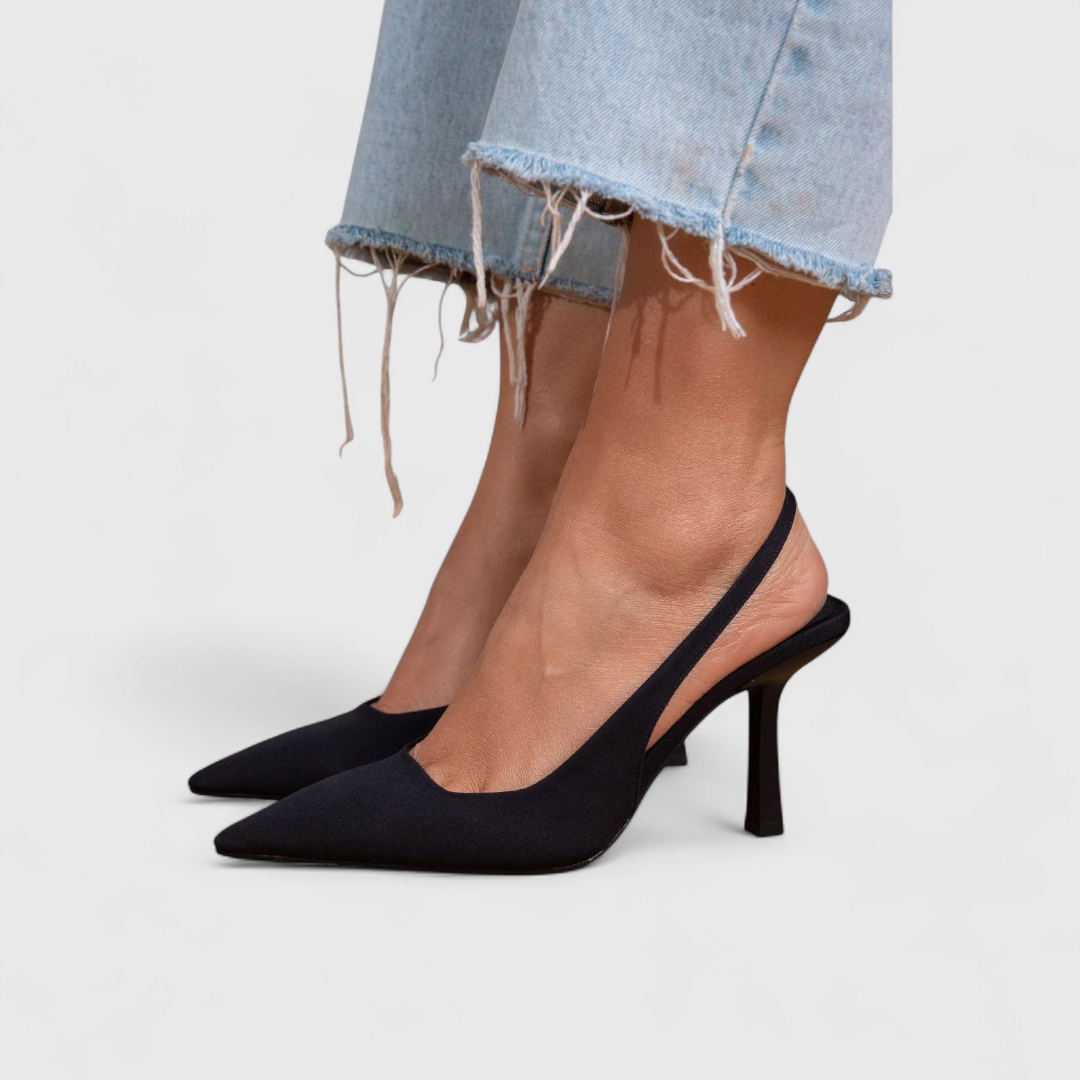 Black woven fabric pointed toe slingback heels with stiletto heel