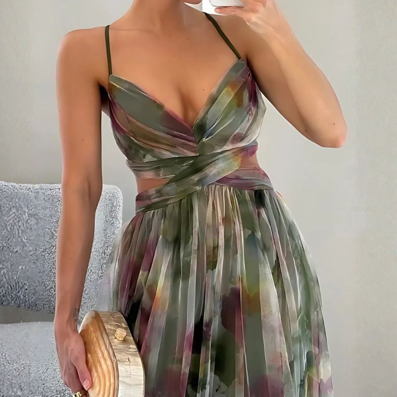 Ladies mesh slip dress with watercolor floral print and draped twisted bodice