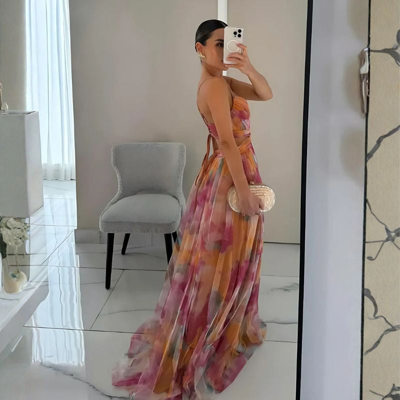 Backless floral maxi dress with tie waist and sheer mesh overlay