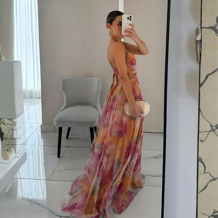 Backless floral maxi dress with tie waist and sheer mesh overlay