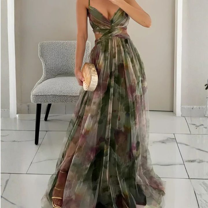 Sheer mesh maxi dress with multitone floral print and high-waisted pleats