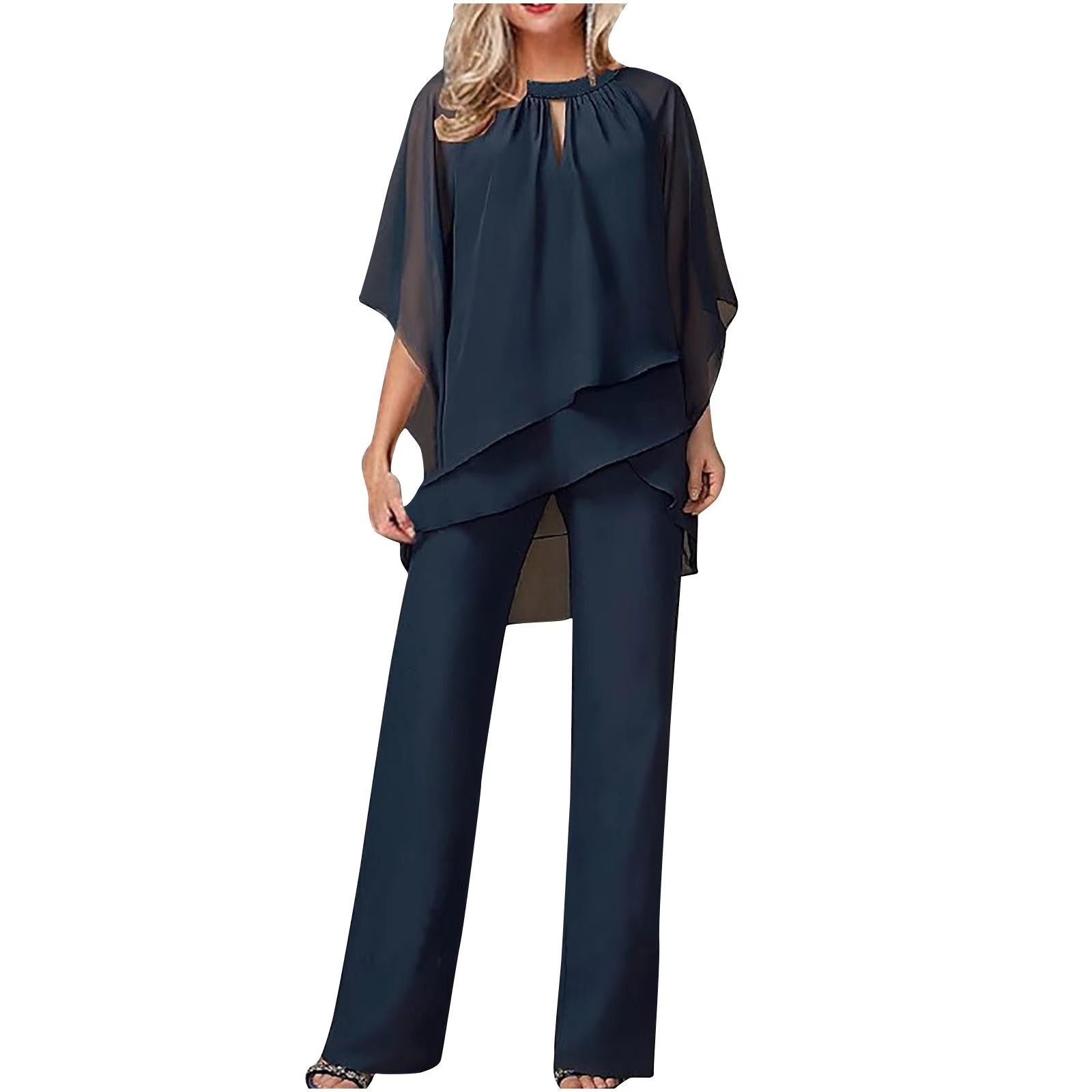 Ladies Trouser Suits – Elegant Chiffon Formal Pantsuit with Flowing Design 0