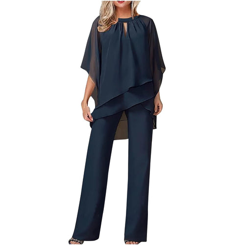Ladies Trouser Suits – Elegant Chiffon Formal Pantsuit with Flowing Design