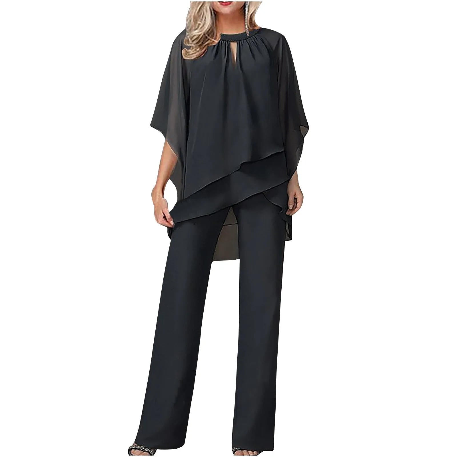Ladies Trouser Suits – Elegant Chiffon Formal Pantsuit with Flowing Design 2