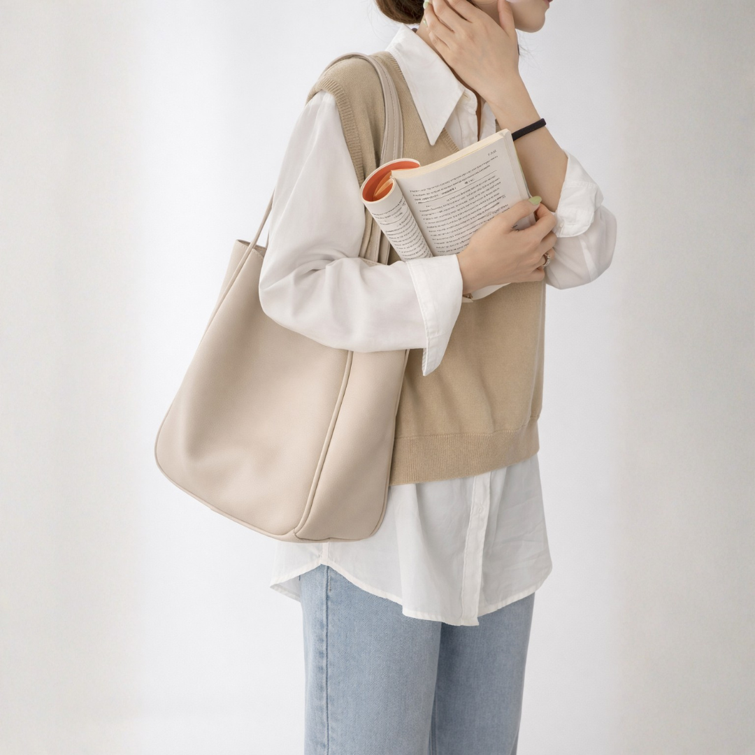 Large Vegan Leather Tote Shoulder Bag with Soft Structured Design and Double Shoulder Straps for Everyday Use