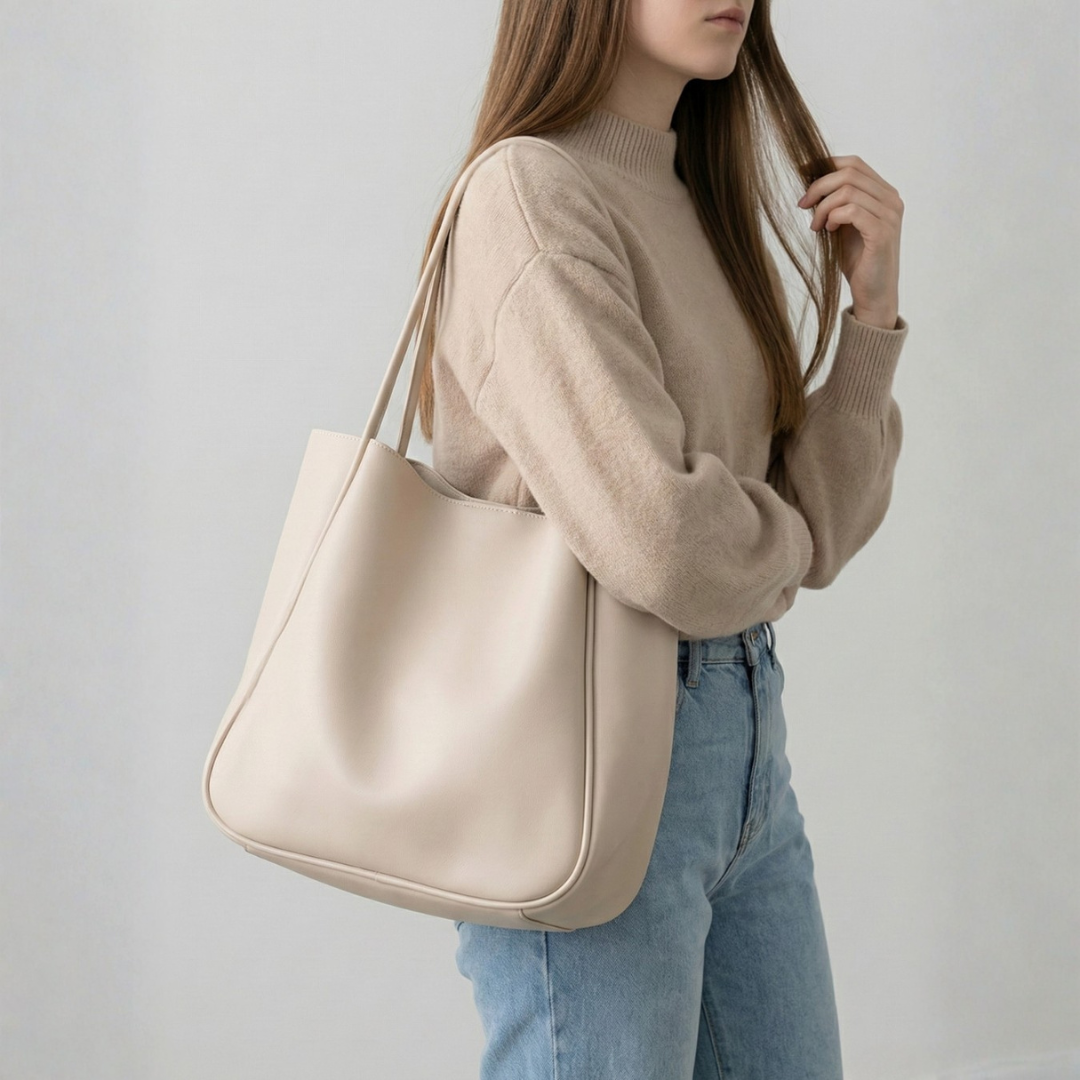 Large Vegan Leather Tote Shoulder Bag with Soft Structured Design and Double Shoulder Straps for Everyday Use