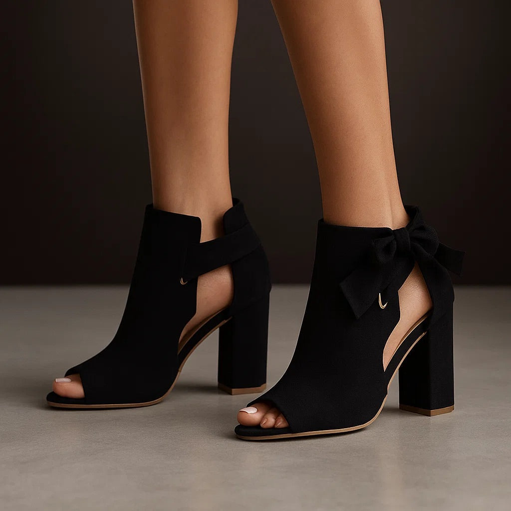 Black suede-look peep-toe ankle boots with side strap and bow