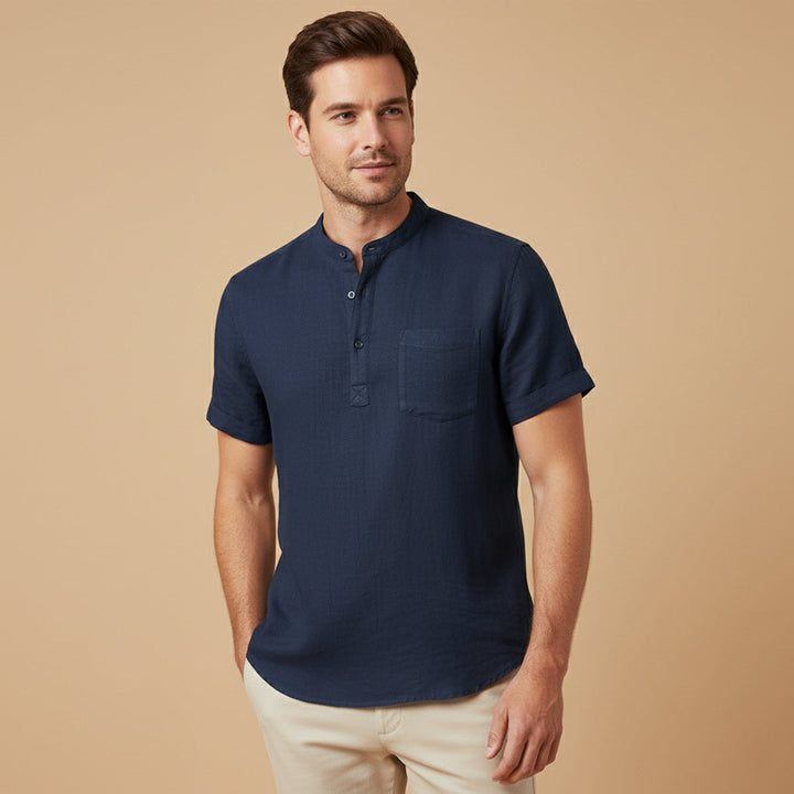 Lightweight Casual Summer Linen Shirt for Men - Relaxed Fit with Henley Button Neckline 1
