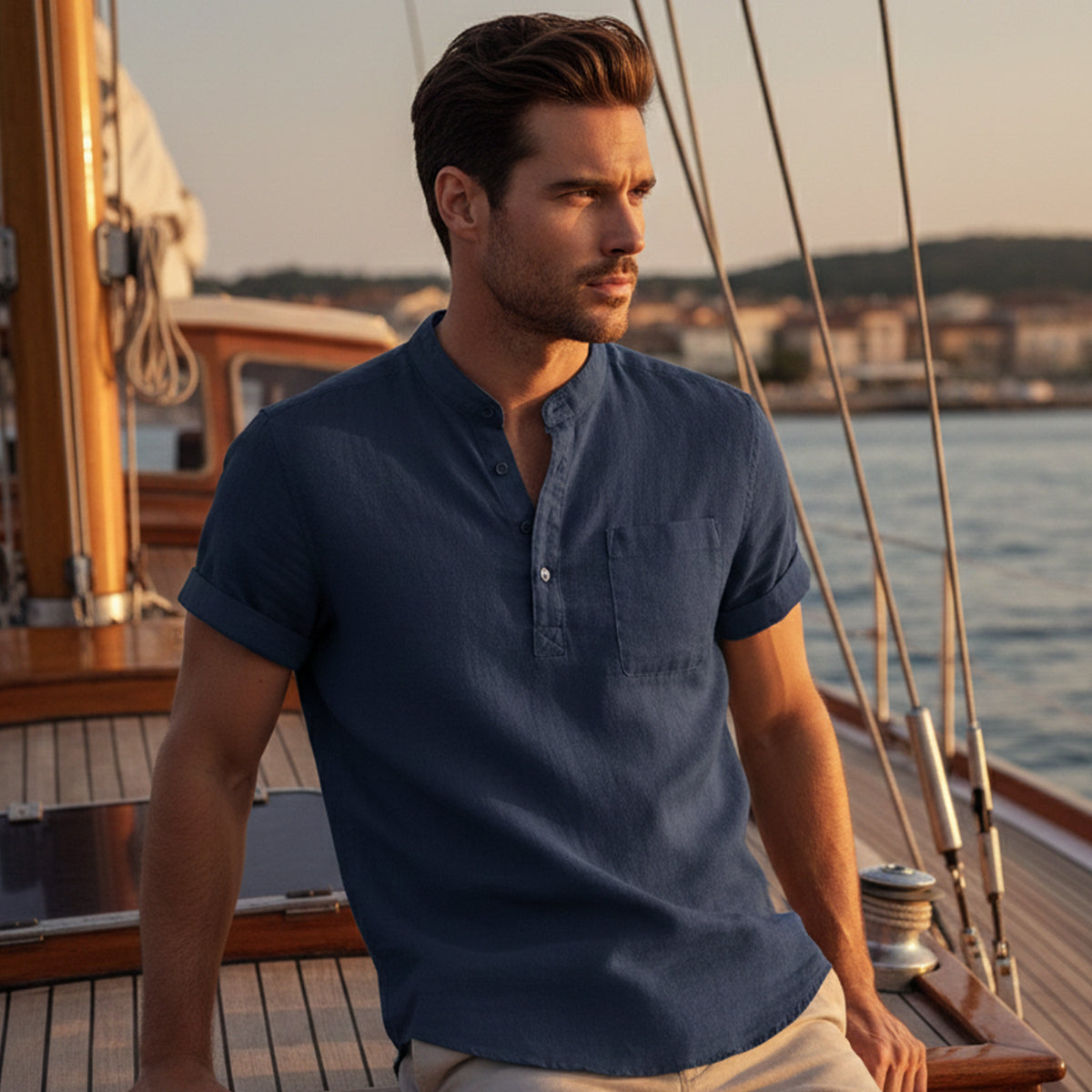 Lightweight Casual Summer Linen Shirt for Men - Relaxed Fit with Henley Button Neckline 6