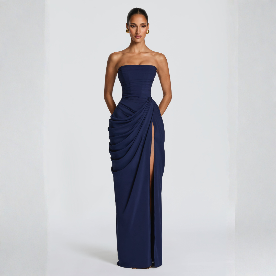 navy blue front view strapless satin maxi dress with structured bodice