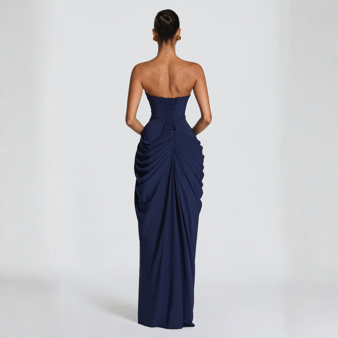 navy blue back view strapless maxi dress with lace-up corset closure