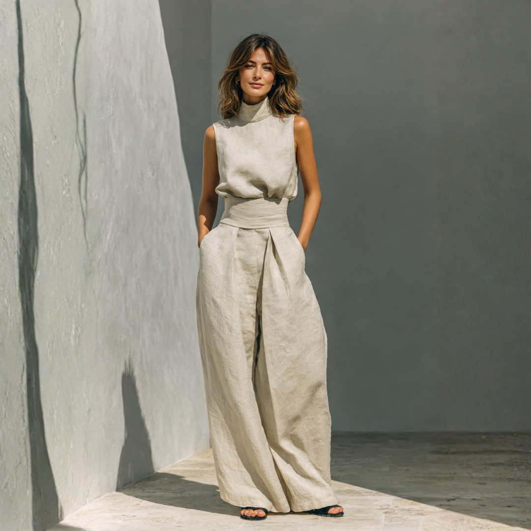 Natural beige linen two piece set with high neck top and wide leg pleated front pants