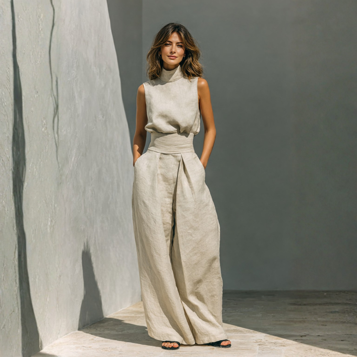 Natural beige linen two piece set with high neck top and wide leg pleated front pants