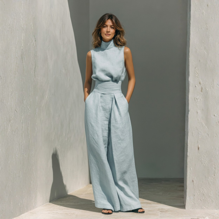 Light blue linen co ord set with high neck sleeveless top and elastic waist wide leg pants